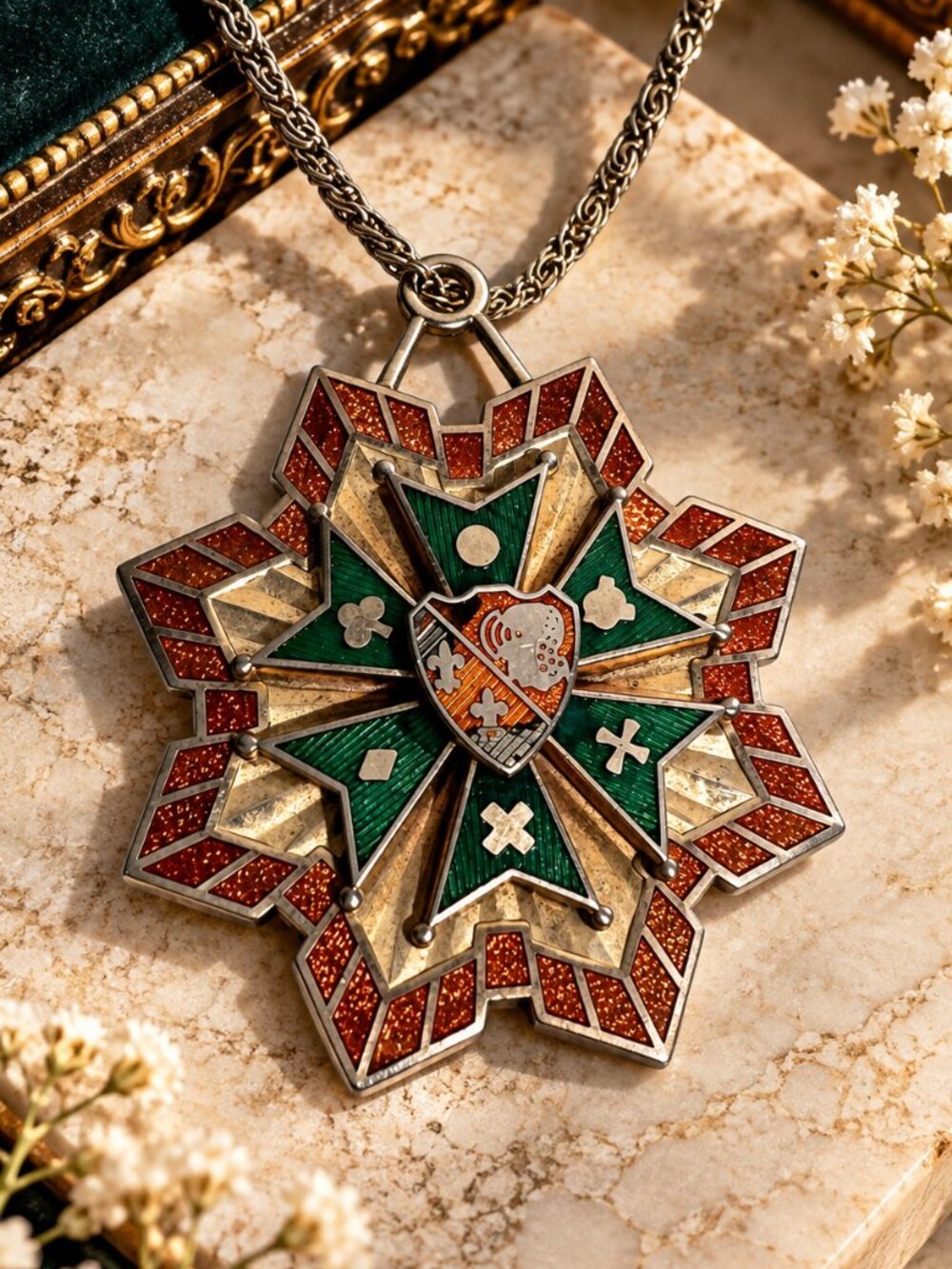 Vintage Ornate Enamel Starburst Medallion Pendant Necklace